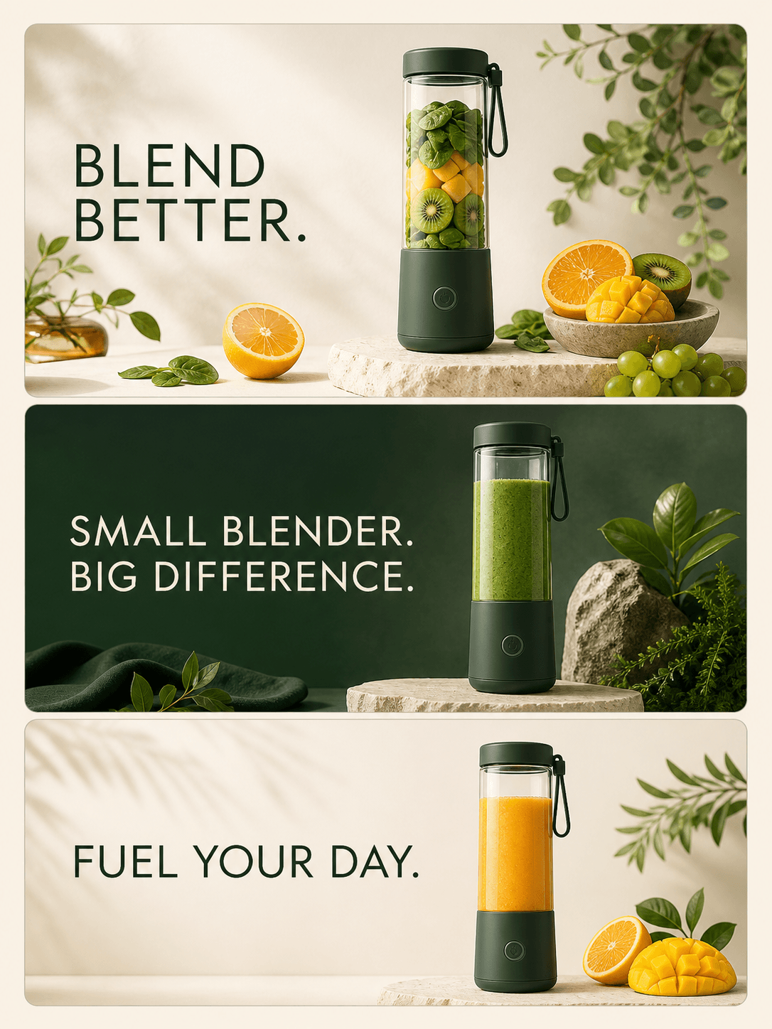 Three ad concepts for a portable blender
